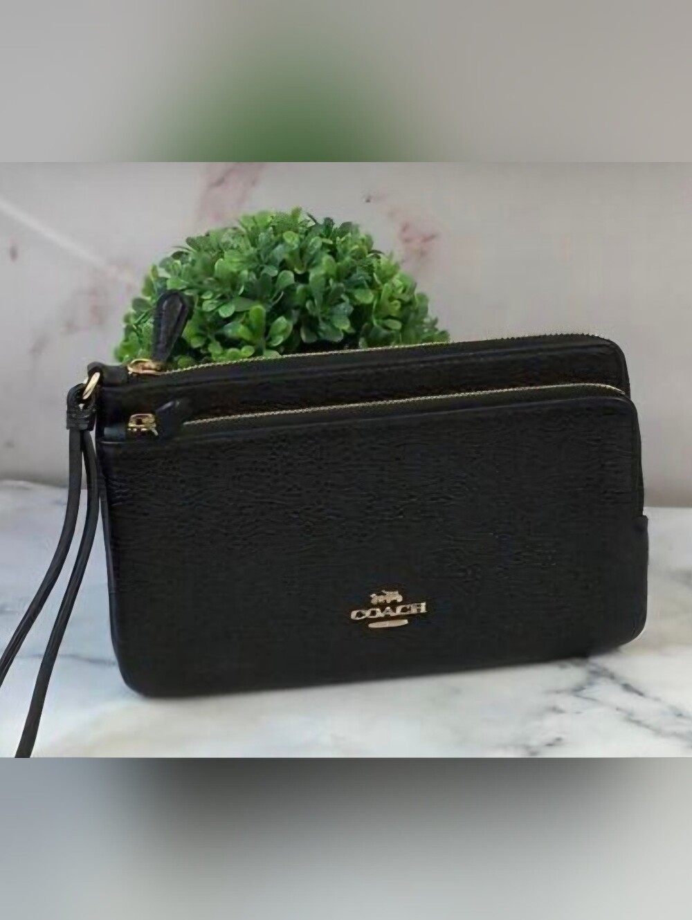 Coach Navy Leather Zip Wristlet with Gold Logo
